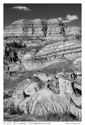 Badlands with colorful strata. Theodore Roosevelt National Park (black and white)