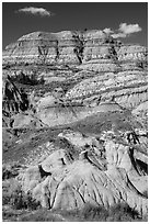 Badlands with colorful strata. Theodore Roosevelt National Park ( black and white)
