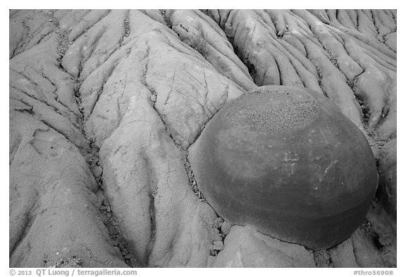 Cannonball concretion partly uncovered by erosion. Theodore Roosevelt National Park (black and white)