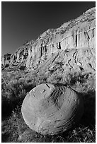 Large cannonball concretions and cliff. Theodore Roosevelt National Park ( black and white)