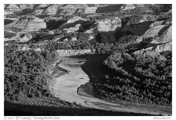 Little Missouri river bend and badlands in summer. Theodore Roosevelt National Park (black and white)