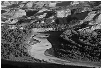Little Missouri river bend and badlands in summer. Theodore Roosevelt National Park ( black and white)