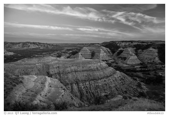 Badlands at sunset, North Unit. Theodore Roosevelt National Park (black and white)