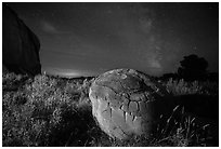 Cannonball, grasses and Milky Way. Theodore Roosevelt National Park, North Dakota, USA. (black and white)