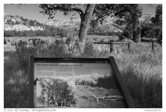 Roosevelt Elkhorn Ranch site interpretative sign. Theodore Roosevelt National Park, North Dakota, USA.