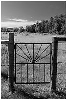 Entrance gate to Roosevelt Elkhorn Ranch site. Theodore Roosevelt National Park, North Dakota, USA. (black and white)