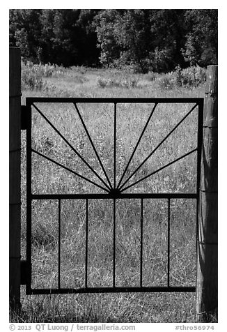 Entrance gate to Elkhorn Ranch homestead. Theodore Roosevelt National Park (black and white)