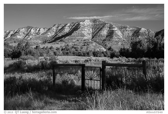 Fence around ranch house site, Elkhorn Ranch Unit. Theodore Roosevelt National Park (black and white)