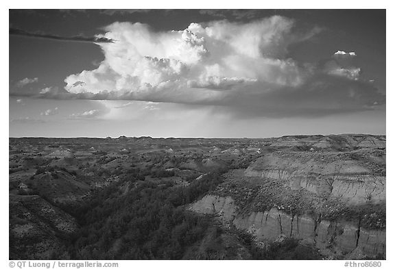 Storm cloud and badlands at sunset, South Unit. Theodore Roosevelt National Park (black and white)