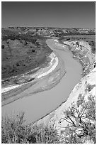Bend of the Little Missouri River, mid-day. Theodore Roosevelt National Park ( black and white)