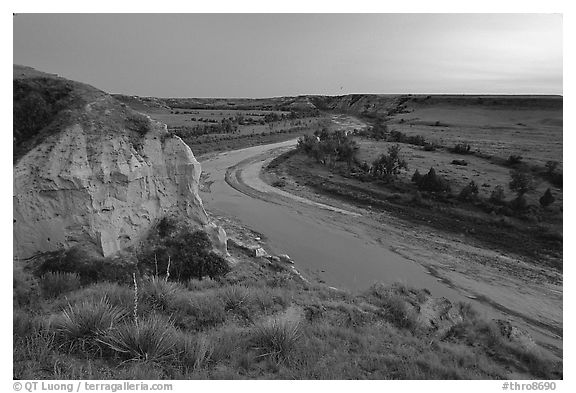 Wind Canyon and Little Missouri River, dusk. Theodore Roosevelt National Park (black and white)