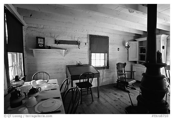 Dining room of Theodore Roosevelt's Maltese Cross Cabin. Theodore Roosevelt National Park (black and white)
