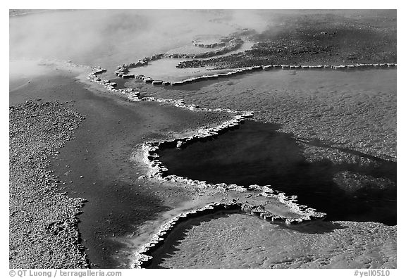 Travertine formations in Upper geyser basin. Yellowstone National Park (black and white)