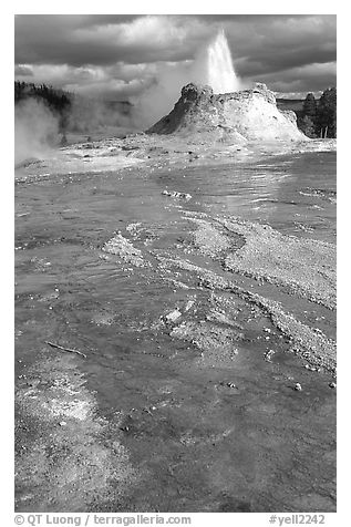 Castle Geyser in Upper Geyser Basin. Yellowstone National Park (black and white)