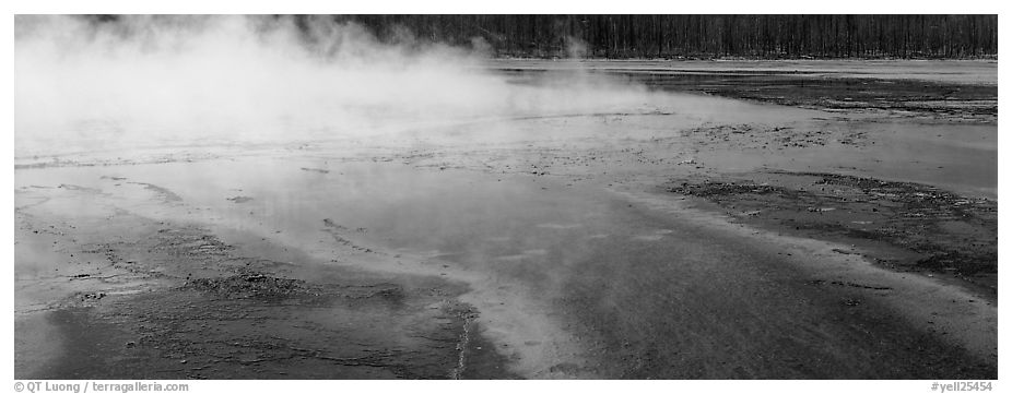 Steam rising from multi-colored thermal springs. Yellowstone National Park (black and white)