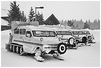 Snow coaches parked at Flagg Ranch. Yellowstone National Park ( black and white)
