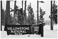 Park entrance sign in winter. Yellowstone National Park ( black and white)