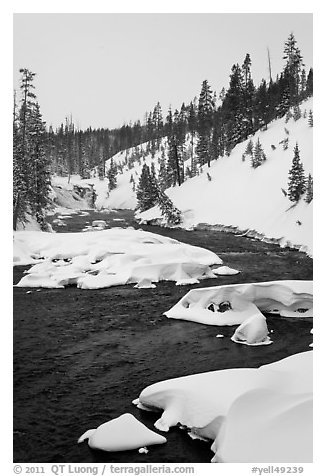 Lewis River and falls, winter. Yellowstone National Park (black and white)