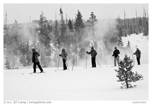 Skiers and thermal steam. Yellowstone National Park (black and white)