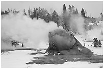 Giant Geyser cone and steam in winter. Yellowstone National Park, Wyoming, USA. (black and white)