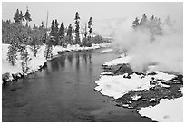 Thermal steam along the Firehole River in winter. Yellowstone National Park ( black and white)
