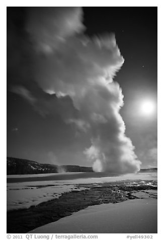 Old Faithful Geyser in the winter with moon. Yellowstone National Park (black and white)
