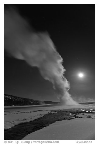 Night view of Old Faithful Geyser in winter with full moon. Yellowstone National Park (black and white)