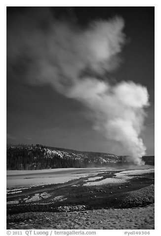 Plume, Old Faithful geyser, winter night. Yellowstone National Park (black and white)