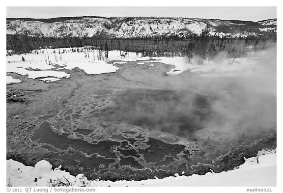 Gem pool seen from above, winter. Yellowstone National Park (black and white)