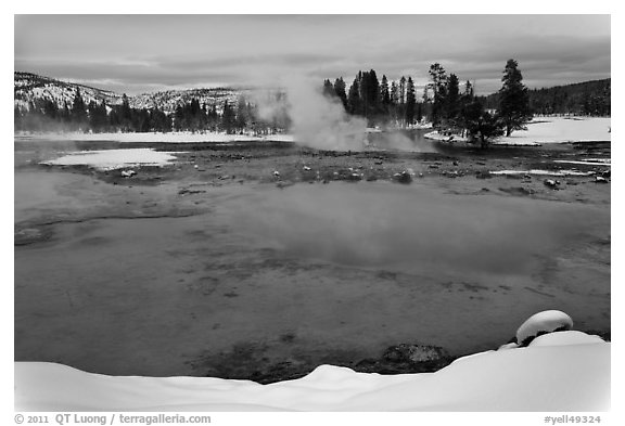 Sapphire Pool in winter. Yellowstone National Park (black and white)