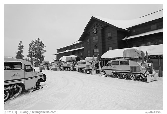 Winter Snowcoaches in front of Old Faithful Snow Lodge. Yellowstone National Park (black and white)