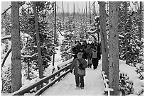 Tourists on boardwalk in winter. Yellowstone National Park ( black and white)