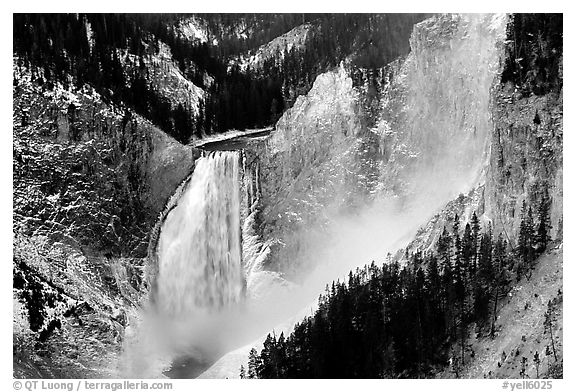 Mist raising from falls of the Yellowstone river. Yellowstone National Park (black and white)