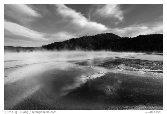 Grand Prismatic Springs with reflected clouds. Yellowstone National Park (black and white)
