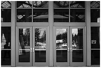 Parking lot, Canyon Village Visitor Education Center window reflexion. Yellowstone National Park ( black and white)