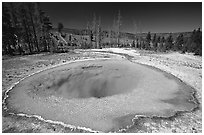 Morning Glory Pool, midday. Yellowstone National Park, Wyoming, USA. (black and white)