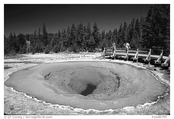 Morning Glory Pool with hikers. Yellowstone National Park (black and white)