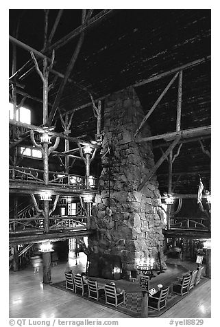 Chimney in main hall of Old Faithful Inn. Yellowstone National Park (black and white)