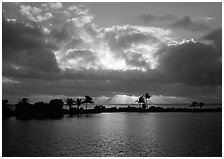 Sunrays and clouds at sunrise, Bayfront. Biscayne National Park, Florida, USA. (black and white)