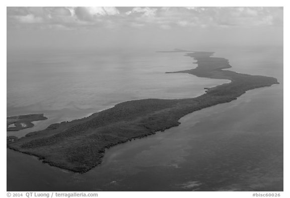 Aerial view of barrier island keys. Biscayne National Park (black and white)