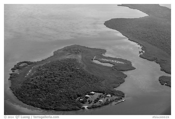 Aerial view of Adams Key. Biscayne National Park (black and white)