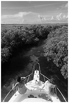 Passengers on front of boat navigating narrow channel. Biscayne National Park ( black and white)