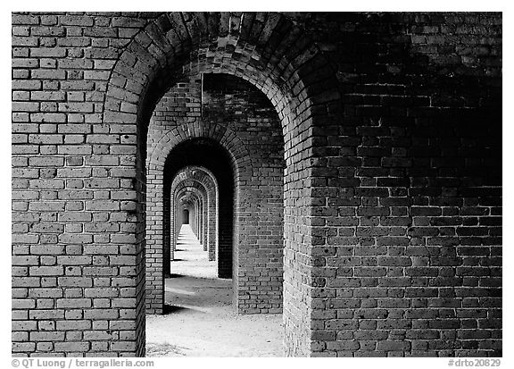 Gallery of brick arches, Fort Jefferson. Dry Tortugas National Park (black and white)