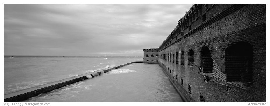 Oceanscape with brick wall. Dry Tortugas National Park (black and white)
