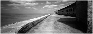 Seawall, moat, and Fort Jefferson. Dry Tortugas National Park (Panoramic black and white)
