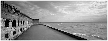 Seascape with fort and seawall. Dry Tortugas National Park (Panoramic black and white)