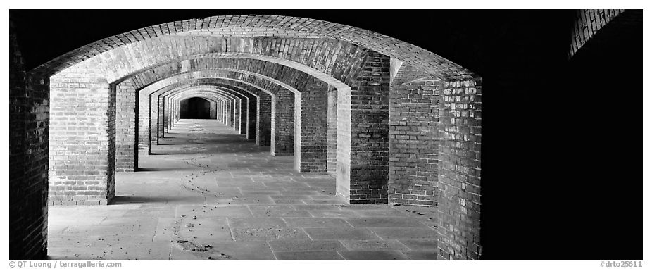 Arches in Fort Jefferson lower level. Dry Tortugas National Park (black and white)