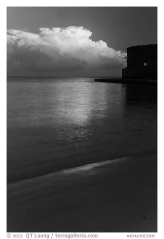 Beach, cloud and fort at sunrise. Dry Tortugas National Park (black and white)