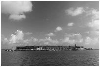 Garden Key and Fort Jefferson from water. Dry Tortugas National Park, Florida, USA. (black and white)