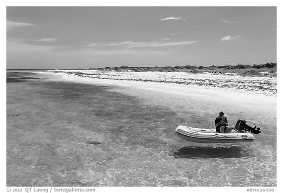 Dinghy on clear waters, Loggerhead Key. Dry Tortugas National Park (black and white)
